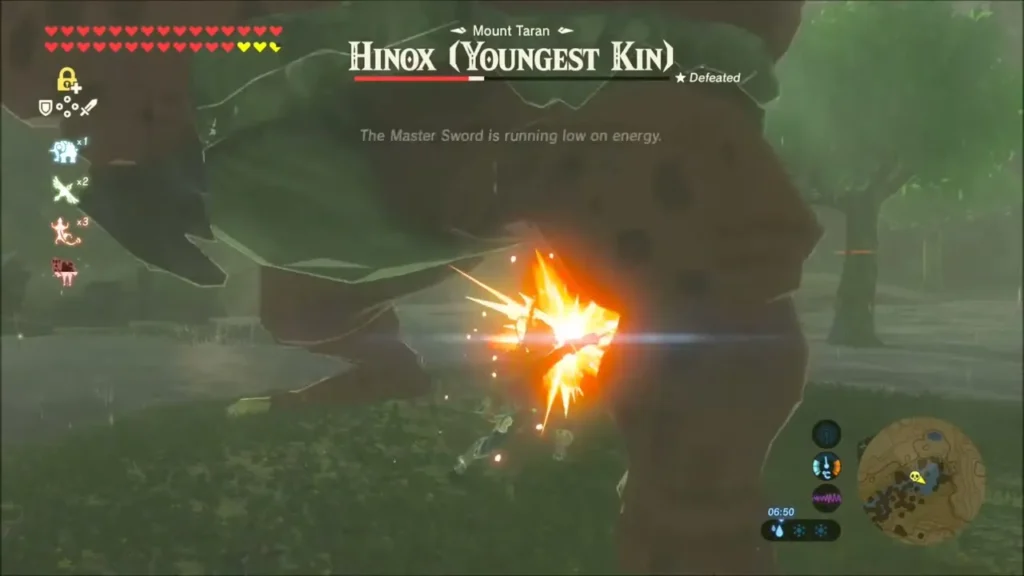Master Sword strike landing on the Youngest Kin Hinox leg Master Sword strike landing on the Youngest Kin Hinox leg