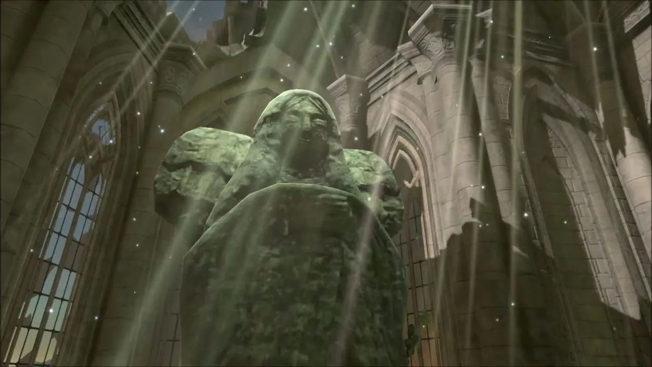 Sunbeams falling on the goddess statue inside the Temple of Time ruins Sunbeams falling on the goddess statue inside the Temple of Time ruins