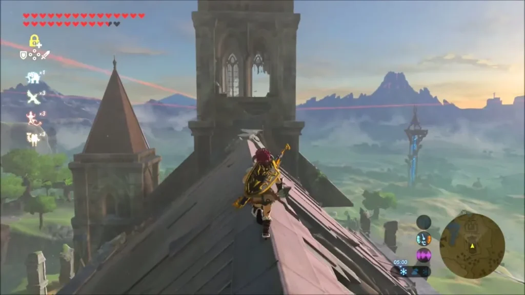 Link on the temple rooftop with Hyrule spread out below and a tower in the distance Link on the temple rooftop with Hyrule spread out below and a tower in the distance