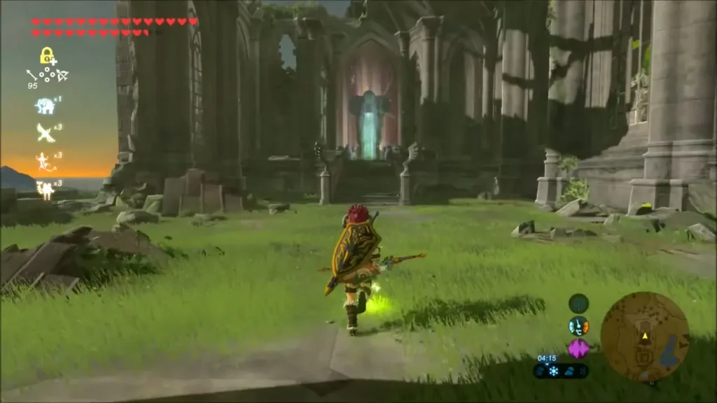 Link running through grass toward the ruined Temple of Time at dusk Link running through grass toward the ruined Temple of Time at dusk