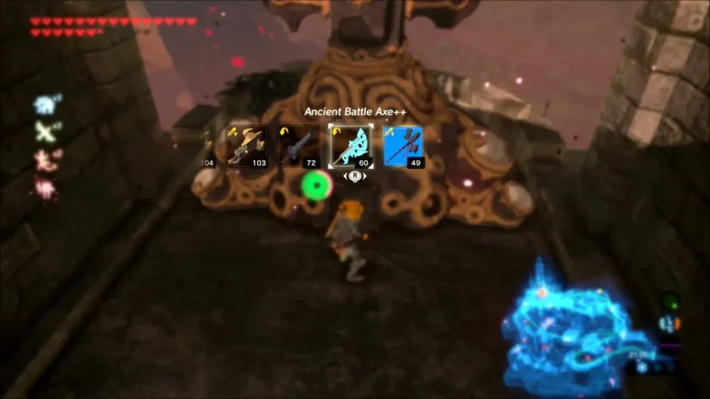 Choosing an Ancient Battle Axe++ from the weapon wheel in front of a Guardian Choosing an Ancient Battle Axe++ from the weapon wheel in front of a Guardian