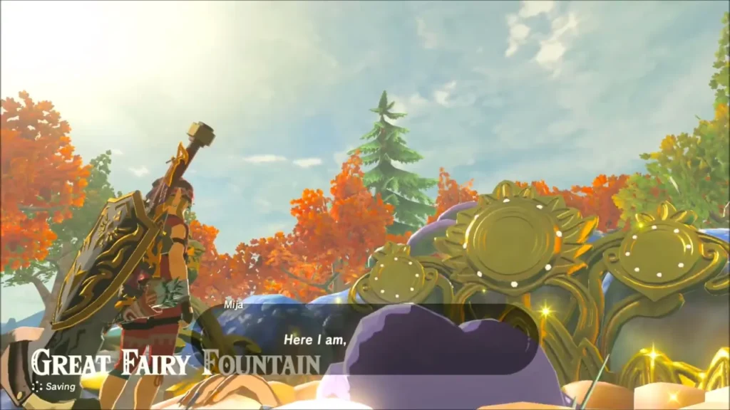 Link arriving back at Mija's fountain as she greets him Link arriving back at Mija's fountain as she greets him