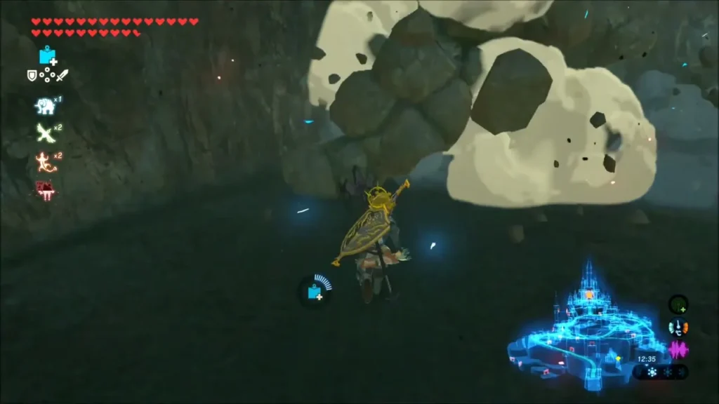 Link blowing up a rock pile on the cliff with a bomb Link blowing up a rock pile on the cliff with a bomb