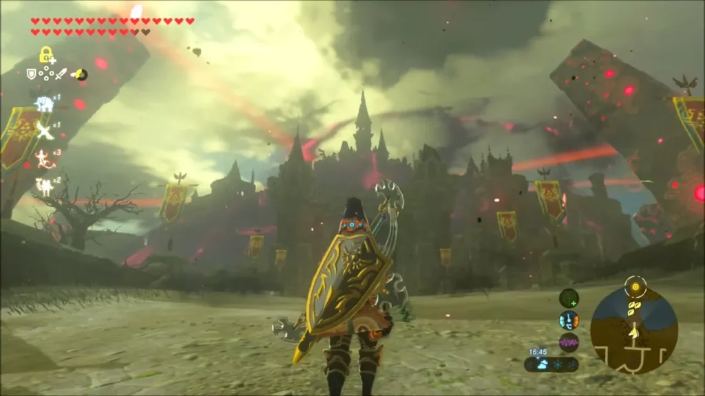 Link on the ruined road looking at Hyrule Castle under a red-beamed sky Link on the ruined road looking at Hyrule Castle under a red-beamed sky