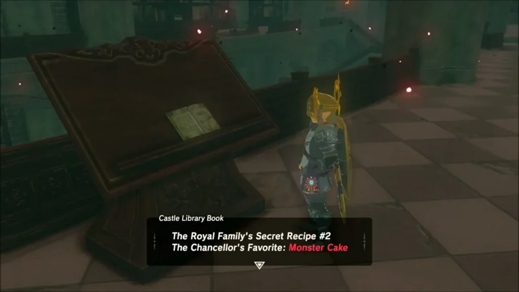 Link reading the Castle Library Book about Monster Cake at a lectern Link reading the Castle Library Book about Monster Cake at a lectern