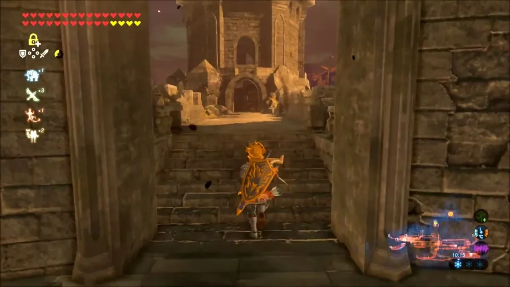Link running up the stone stairs toward the walkway in Hyrule Castle Link running up the stone stairs toward the walkway in Hyrule Castle