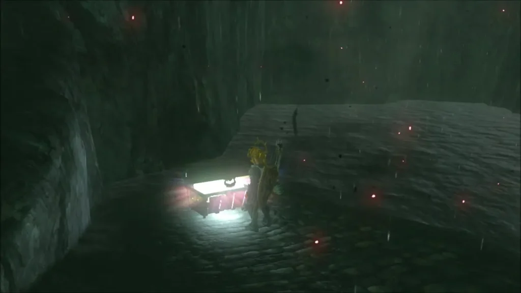 Link opening a glowing chest on a rainy wall top Link opening a glowing chest on a rainy wall top