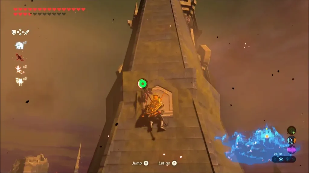 Link climbing the stone wall of a tall Hyrule Castle tower Link climbing the stone wall of a tall Hyrule Castle tower