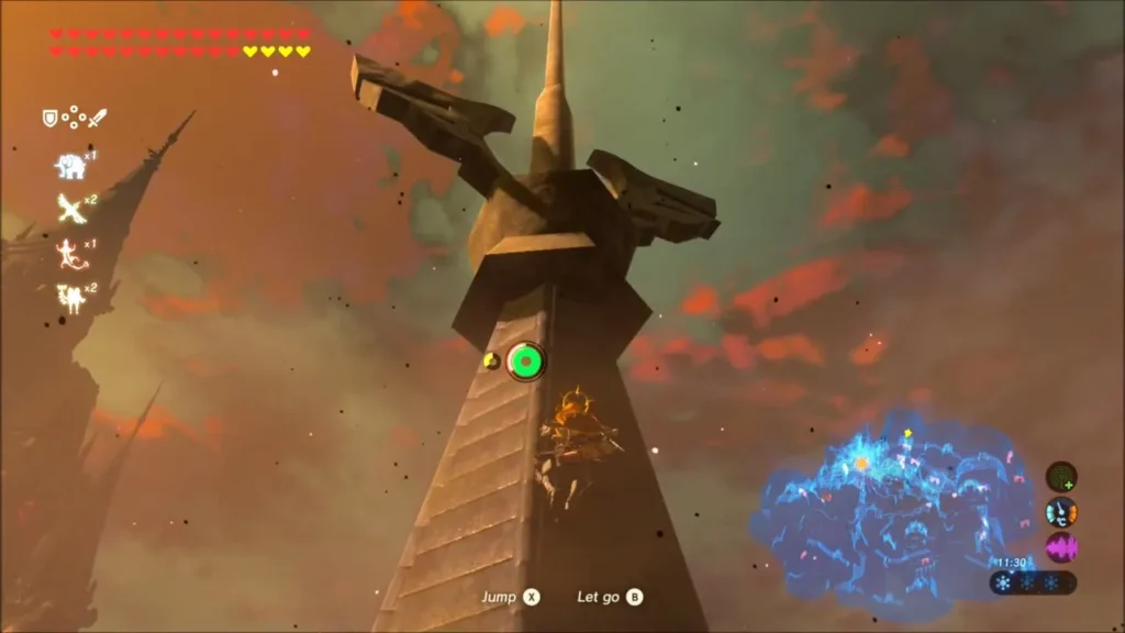 Link climbing the tall pole at the top of the castle tower Link climbing the tall pole at the top of the castle tower