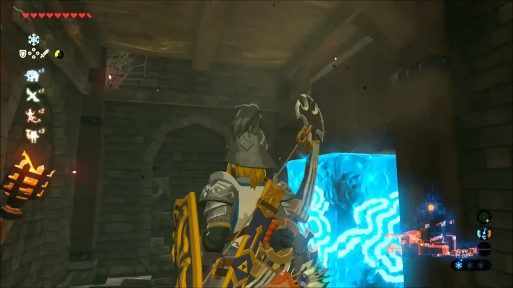 Link beside a Cryonis ice block in a dark castle corridor Link beside a Cryonis ice block in a dark castle corridor