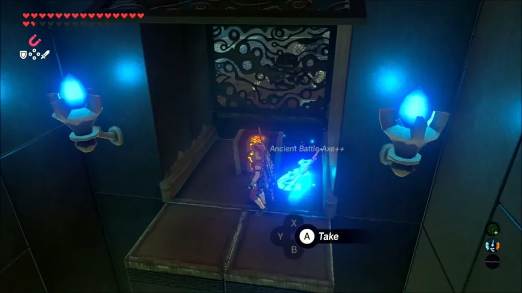 Ancient Battle Axe++ glowing in an opened chest in Dako Tah Shrine Ancient Battle Axe++ glowing in an opened chest in Dako Tah Shrine