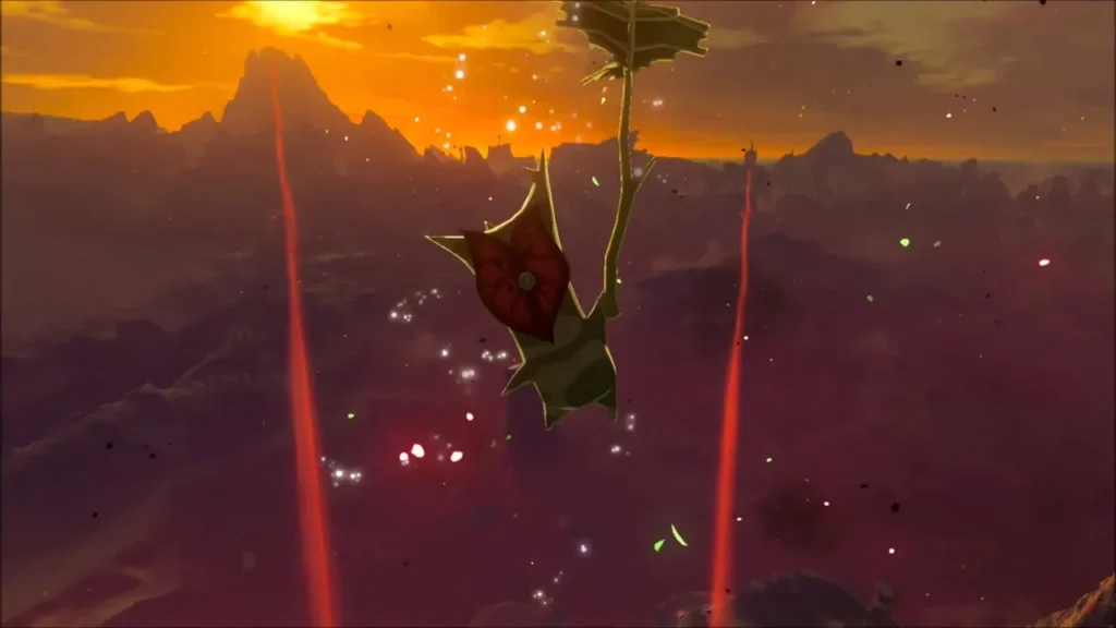 A Korok hanging from its leaf above the red-lit castle towers A Korok hanging from its leaf above the red-lit castle towers