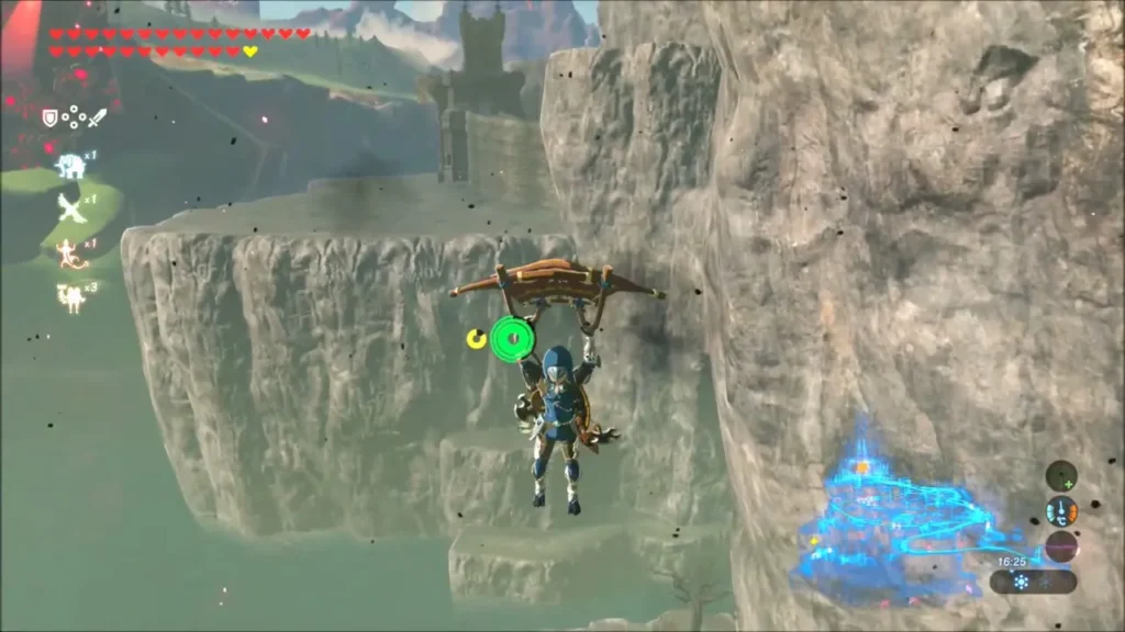 Link gliding down past the cliffs below the castle ramparts Link gliding down past the cliffs below the castle ramparts