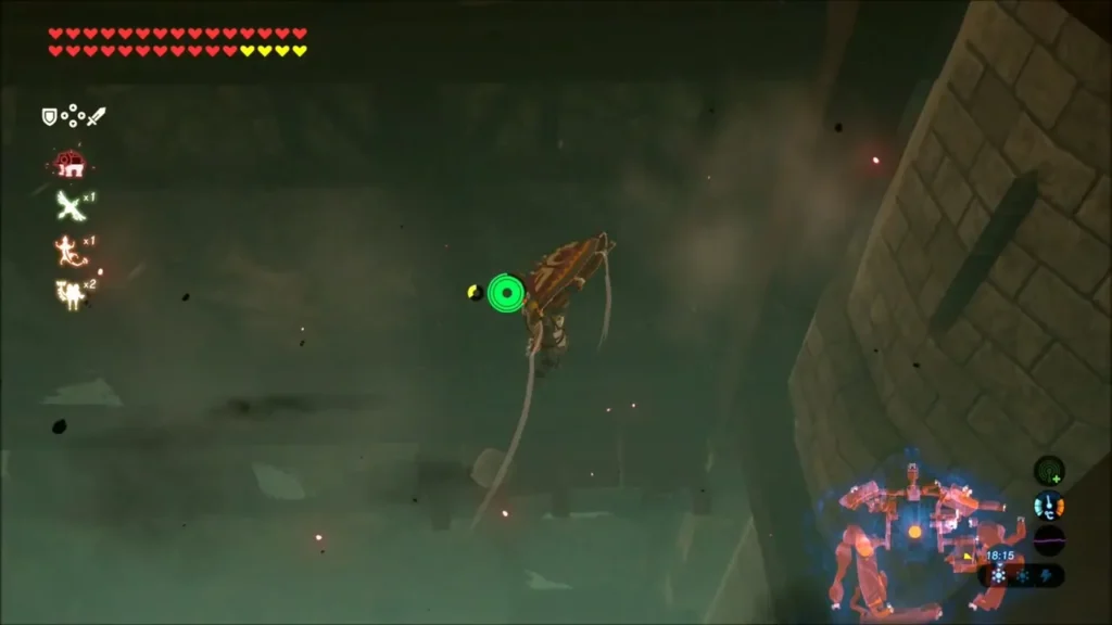 Link gliding down the dark mine shaft Link gliding down the dark mine shaft
