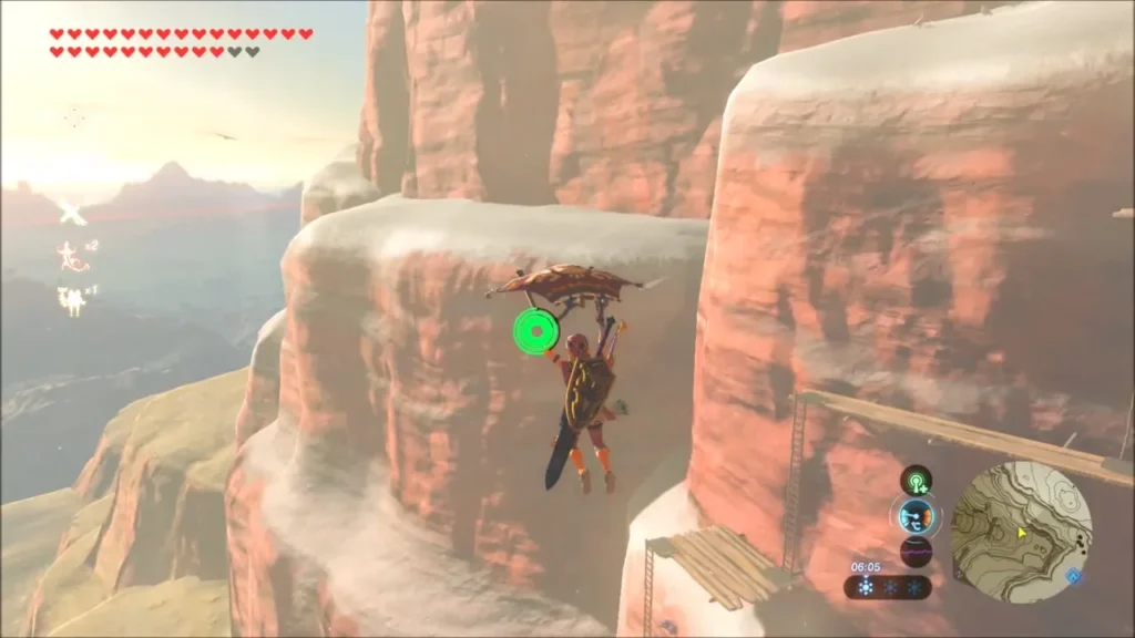 Link gliding down red rock cliffs of the Hebra mountains Link gliding down red rock cliffs of the Hebra mountains