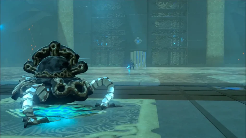 A Guardian Scout IV waiting on the shrine arena floor while Link approaches A Guardian Scout IV waiting on the shrine arena floor while Link approaches