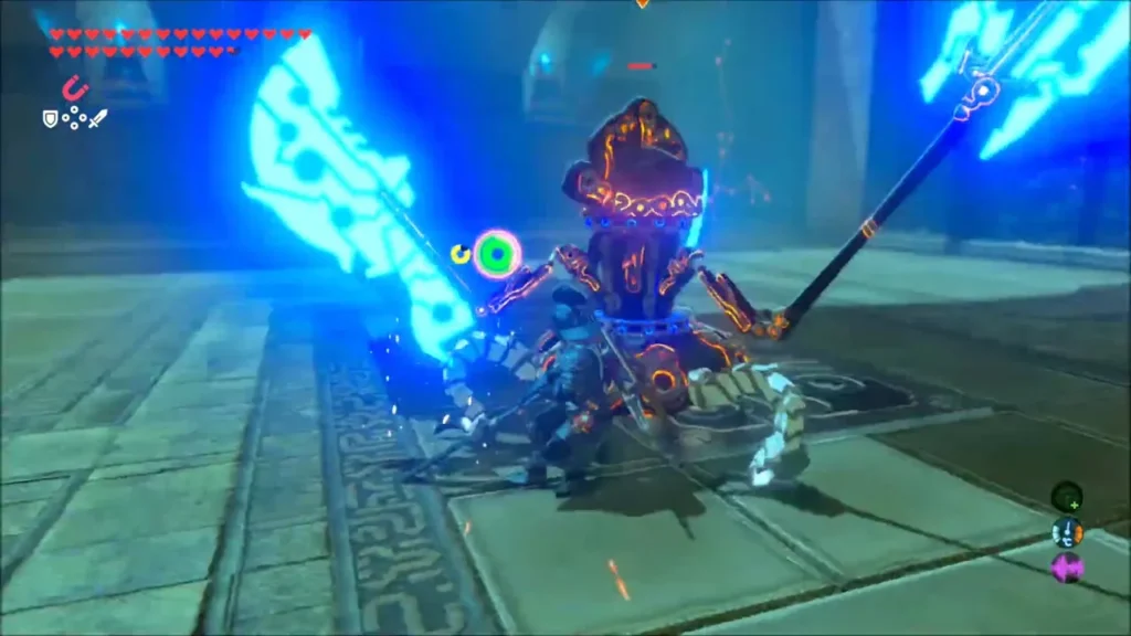 Link fighting the Guardian Scout IV inside the shrine arena Link fighting the Guardian Scout IV inside the shrine arena