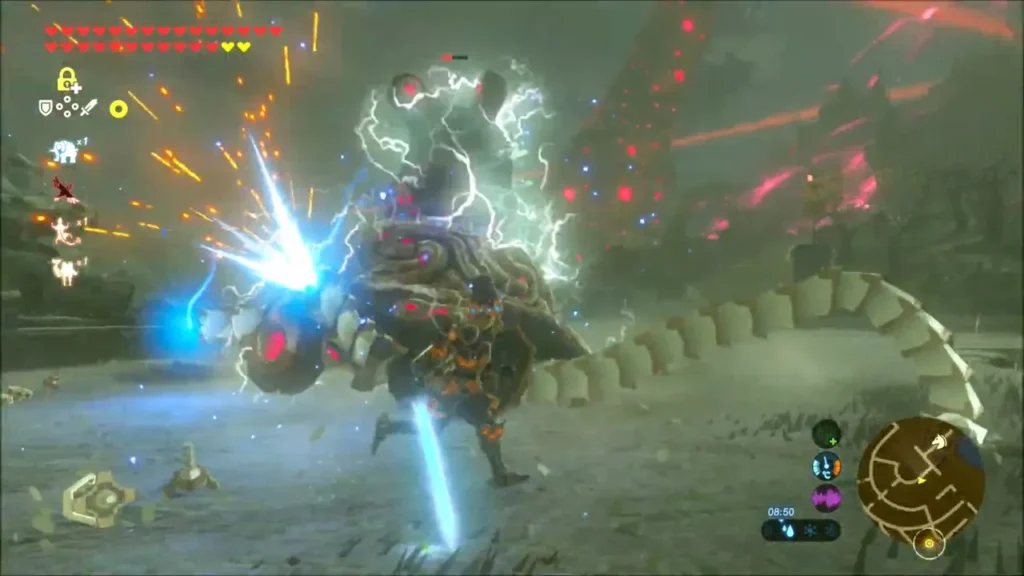 Link fighting a Guardian Stalker with sparks and lightning on the castle grounds Link fighting a Guardian Stalker with sparks and lightning on the castle grounds