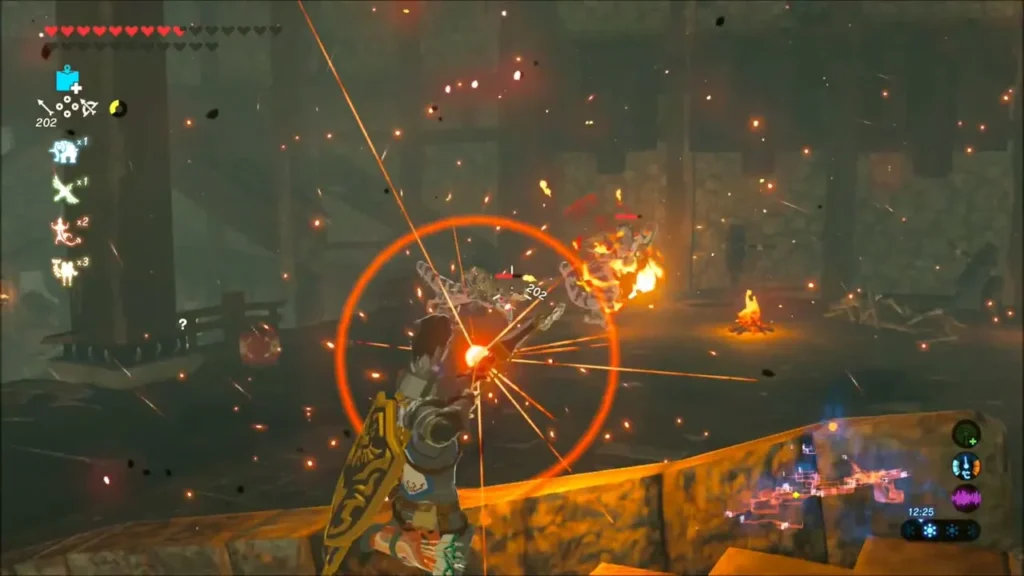 Link on a ledge shooting an arrow at enemies near explosive barrels Link on a ledge shooting an arrow at enemies near explosive barrels