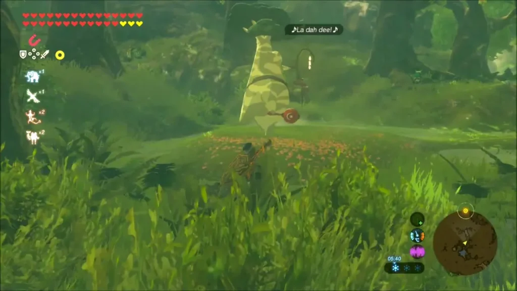 Link approaching Hestu singing in Korok Forest Link approaching Hestu singing in Korok Forest