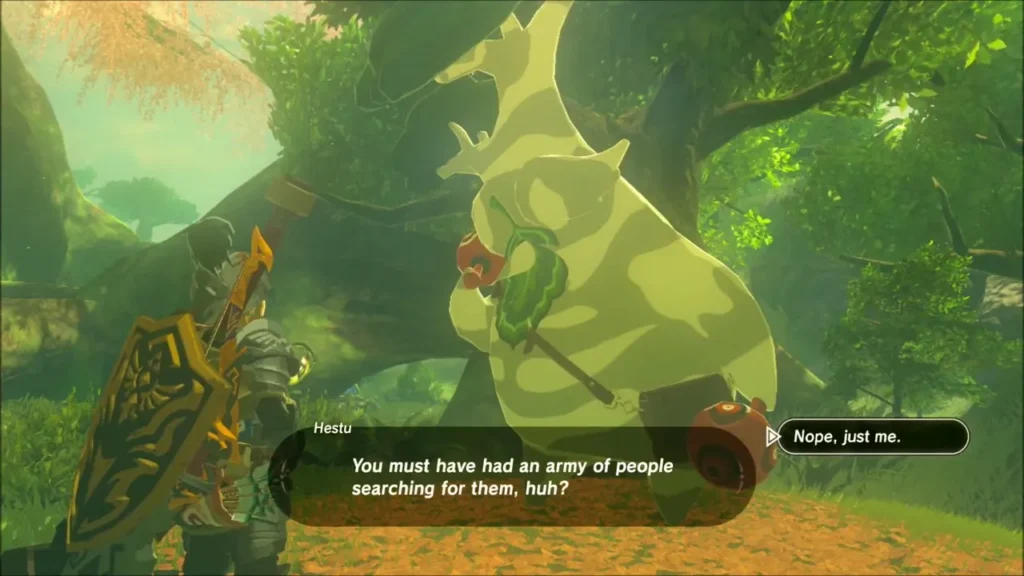 Hestu talking with Link about the returned Korok children Hestu talking with Link about the returned Korok children