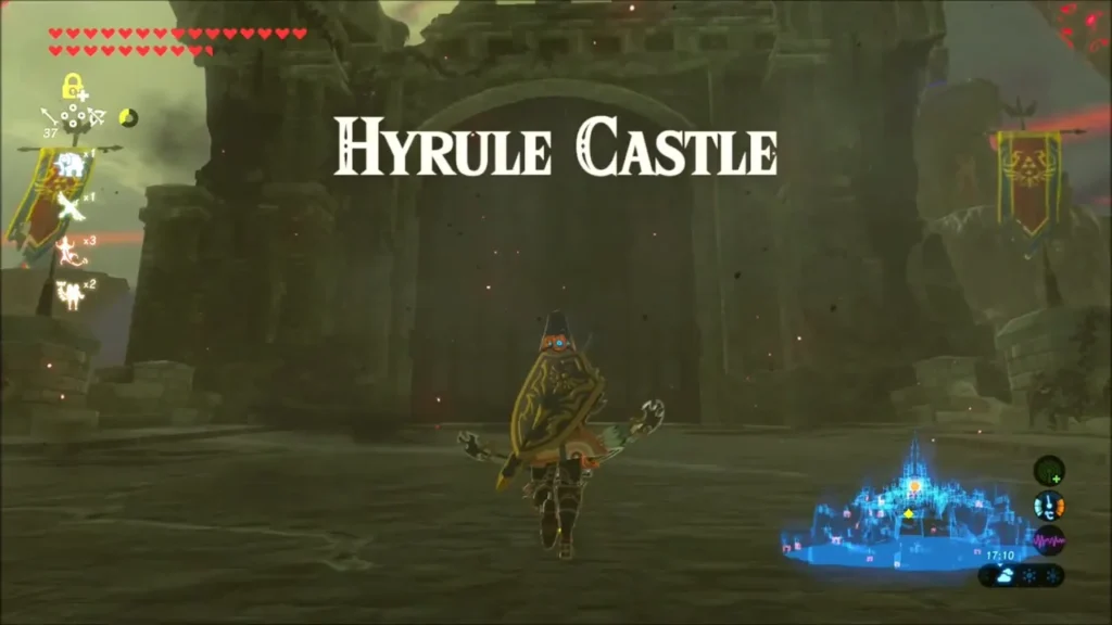 Link at the moat with the Hyrule Castle title over the outer gate Link at the moat with the Hyrule Castle title over the outer gate