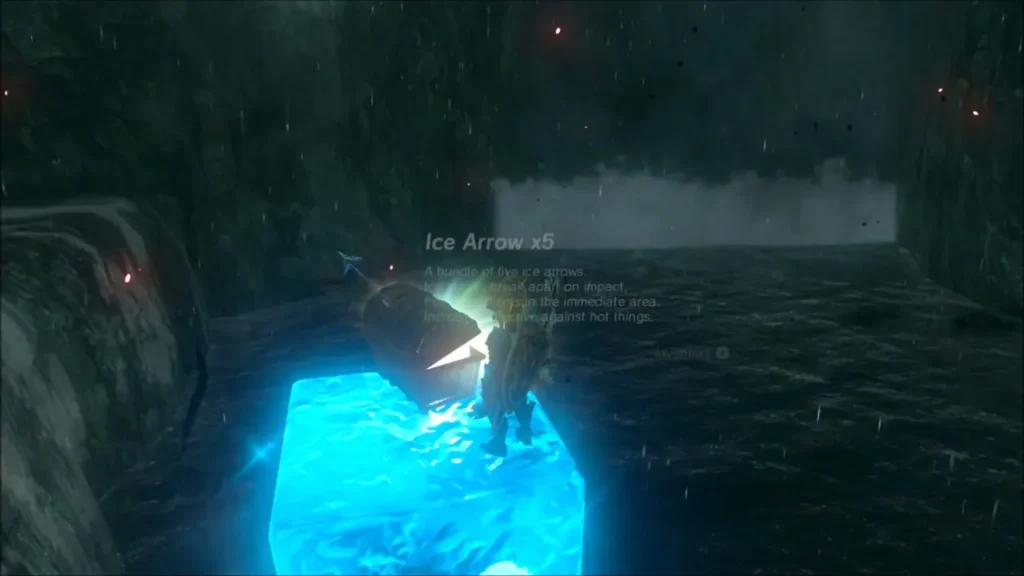 Link on a Cryonis ice block opening a chest of Ice Arrows Link on a Cryonis ice block opening a chest of Ice Arrows