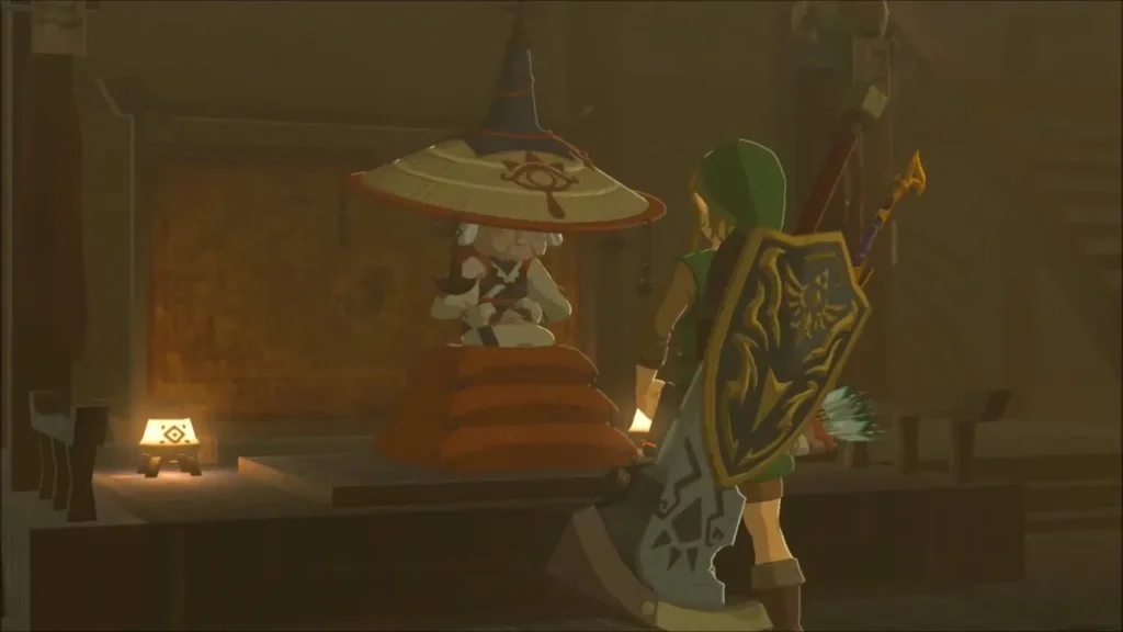 Link facing Impa seated on cushions inside her house Link facing Impa seated on cushions inside her house