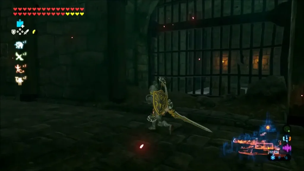 Link with sword drawn beside an iron gate in the dark tunnel Link with sword drawn beside an iron gate in the dark tunnel