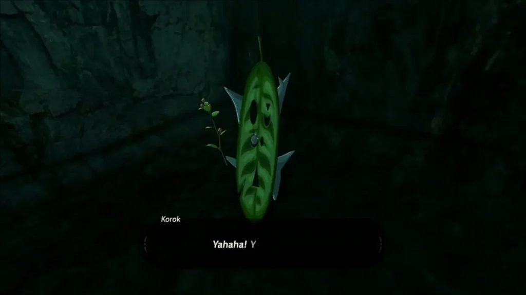 A Korok calling out Yahaha after being found in the cave A Korok calling out Yahaha after being found in the cave