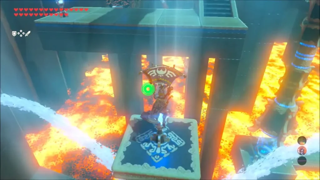 Link gliding down onto a stone platform above lava in Shora Hah Shrine Link gliding down onto a stone platform above lava in Shora Hah Shrine