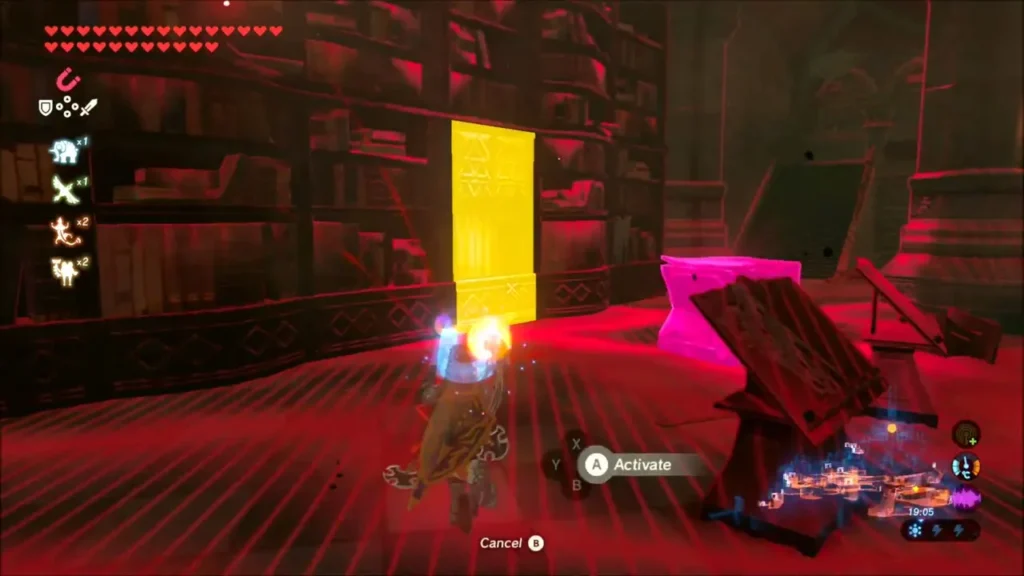 Link activating Stasis near a golden door among Library bookshelves Link activating Stasis near a golden door among Library bookshelves