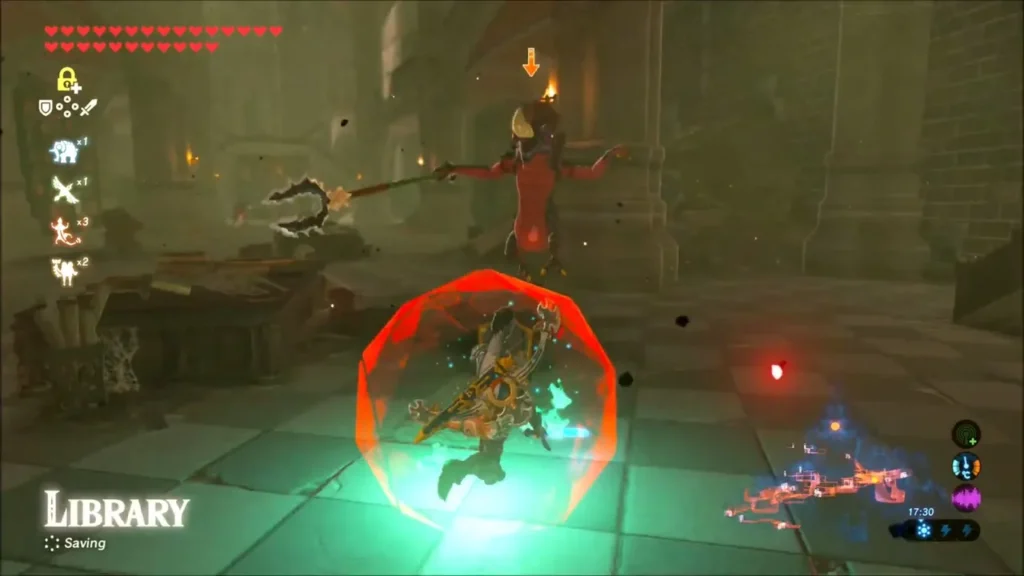 Link dodging an attack from a red Bokoblin in the Library hall Link dodging an attack from a red Bokoblin in the Library hall
