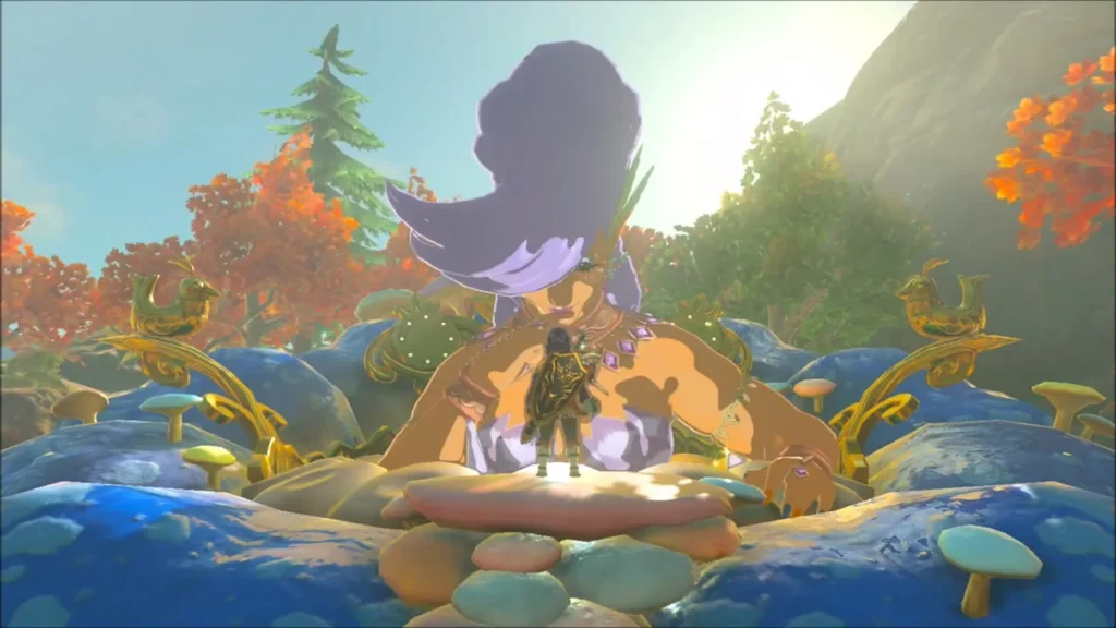Link standing in the fountain before the towering Great Fairy Link standing in the fountain before the towering Great Fairy