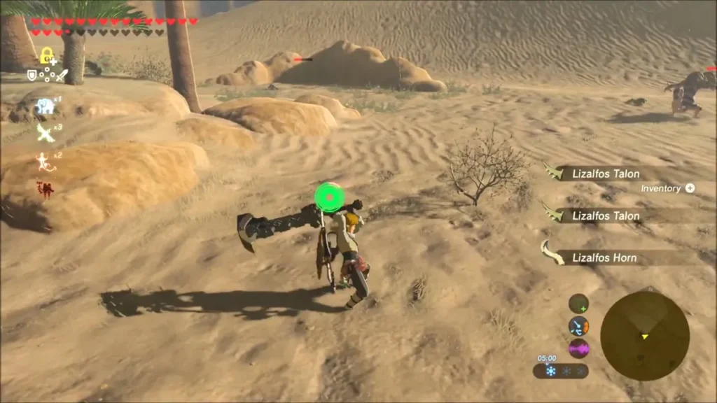 Link in the Gerudo Desert with Lizalfos horn and talon drops listed Link in the Gerudo Desert with Lizalfos horn and talon drops listed