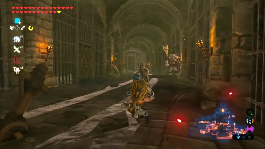 Link in the long Lockup hall lined with cells and a Moblin ahead Link in the long Lockup hall lined with cells and a Moblin ahead