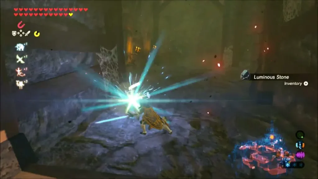 Link striking a Luminous Stone in the cave leading to the Lockup Link striking a Luminous Stone in the cave leading to the Lockup