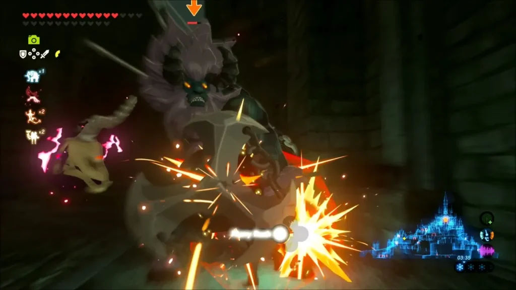 Link clashing weapons with the Lynel in a burst of sparks Link clashing weapons with the Lynel in a burst of sparks