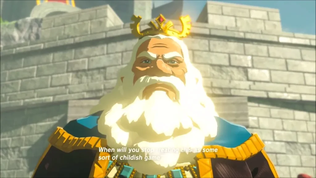 King Rhoam speaking to Zelda on the castle wall in the memory King Rhoam speaking to Zelda on the castle wall in the memory