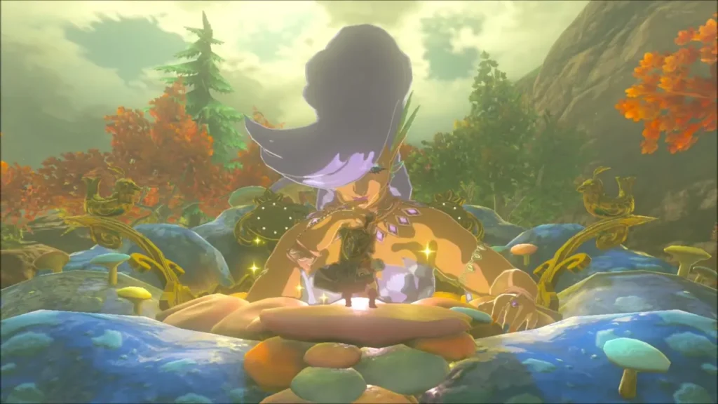 Link on the stone altar in front of Mija as she enhances his gear Link on the stone altar in front of Mija as she enhances his gear