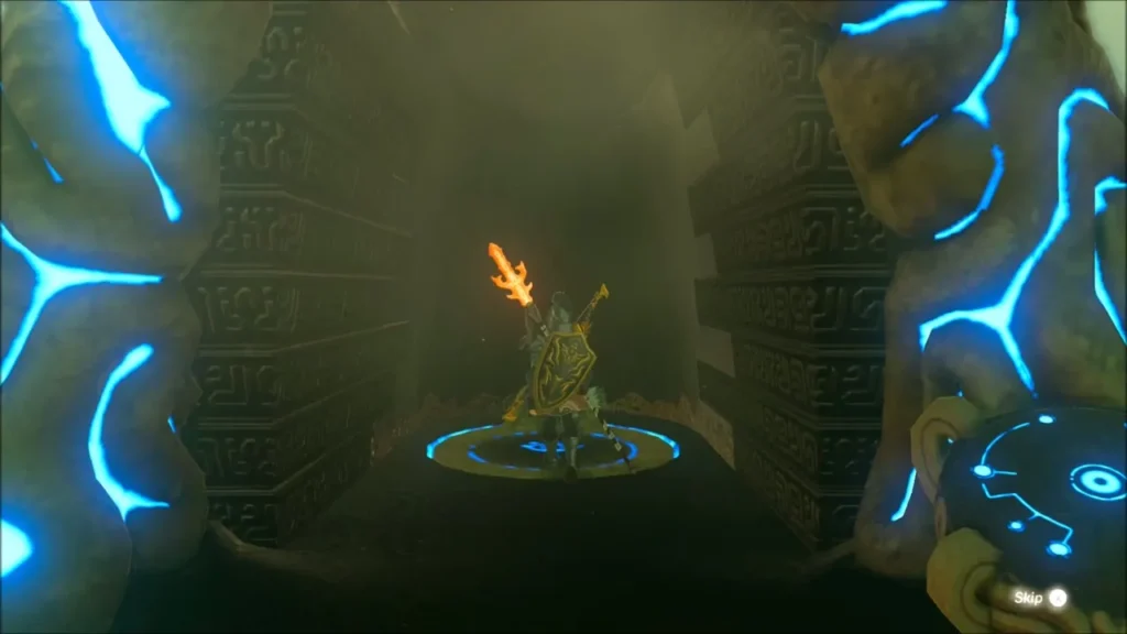 Link on the warp pad at the Mo'a Keet Shrine entrance Link on the warp pad at the Mo'a Keet Shrine entrance