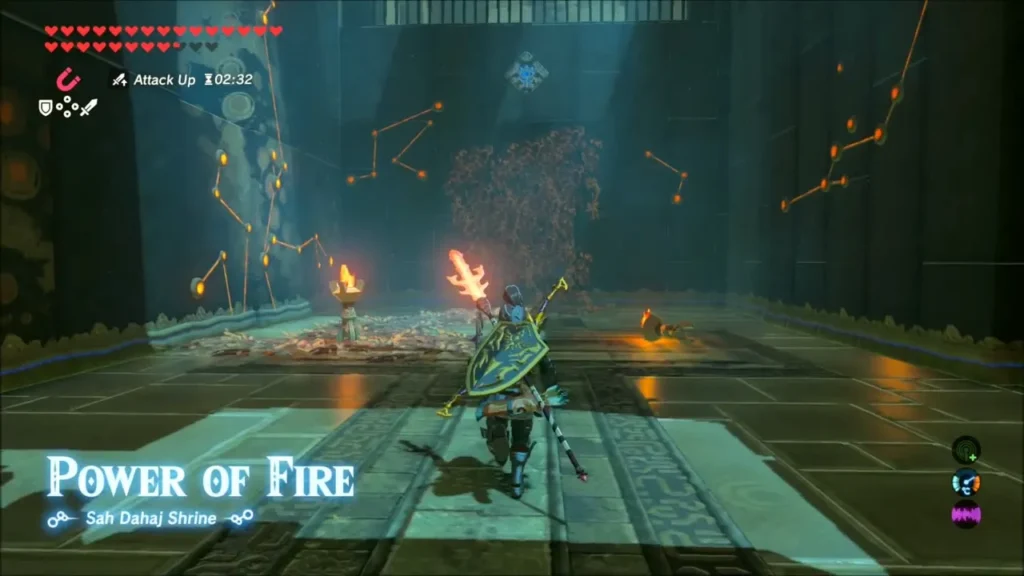 Link carrying a flaming weapon toward the leaf pile in Sah Dahaj Shrine, Power of Fire Link carrying a flaming weapon toward the leaf pile in Sah Dahaj Shrine, Power of Fire