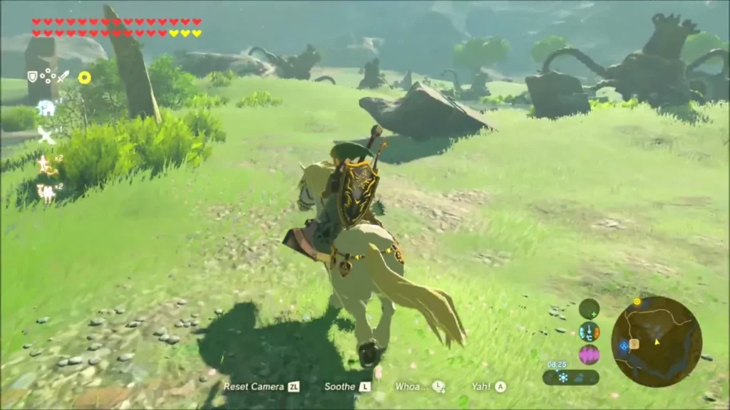 Link riding across the grass toward the ruined field Link riding across the grass toward the ruined field