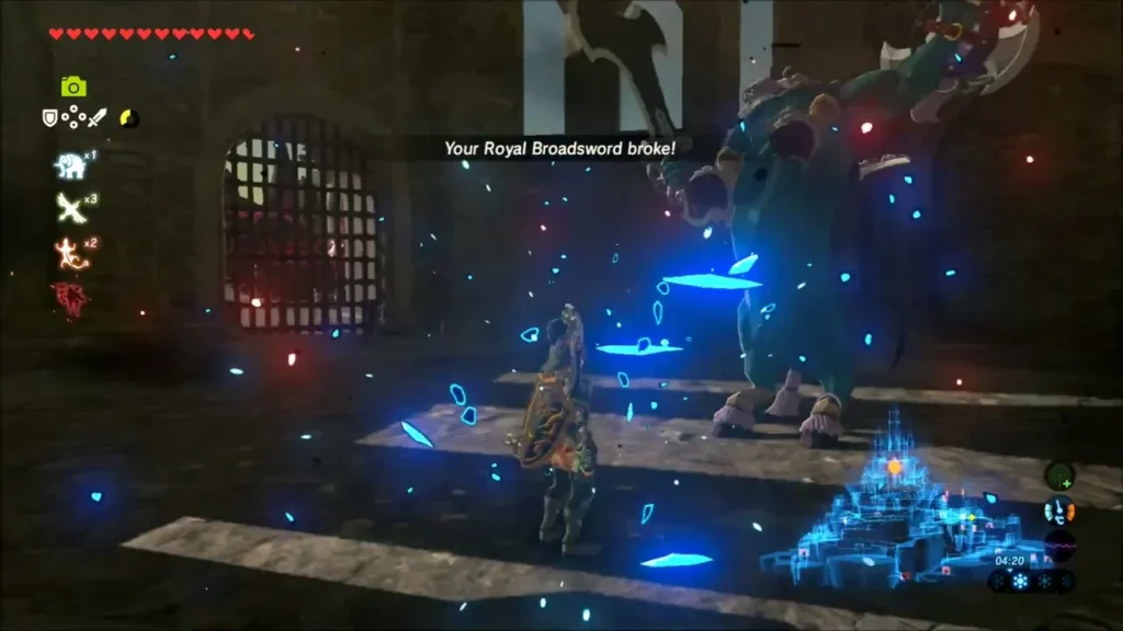 Link's Royal Broadsword shatters into blue shards while the Lynel looms Link's Royal Broadsword shatters into blue shards while the Lynel looms