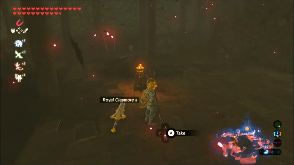 Link beside a Royal Claymore lying on the floor of a dark side room Link beside a Royal Claymore lying on the floor of a dark side room