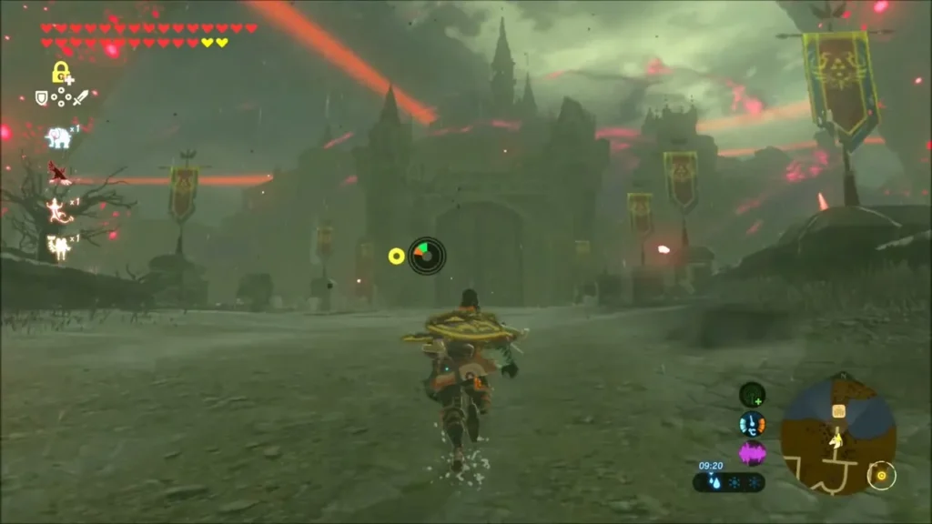 Link running across the ruins toward Hyrule Castle gate under red skies Link running across the ruins toward Hyrule Castle gate under red skies