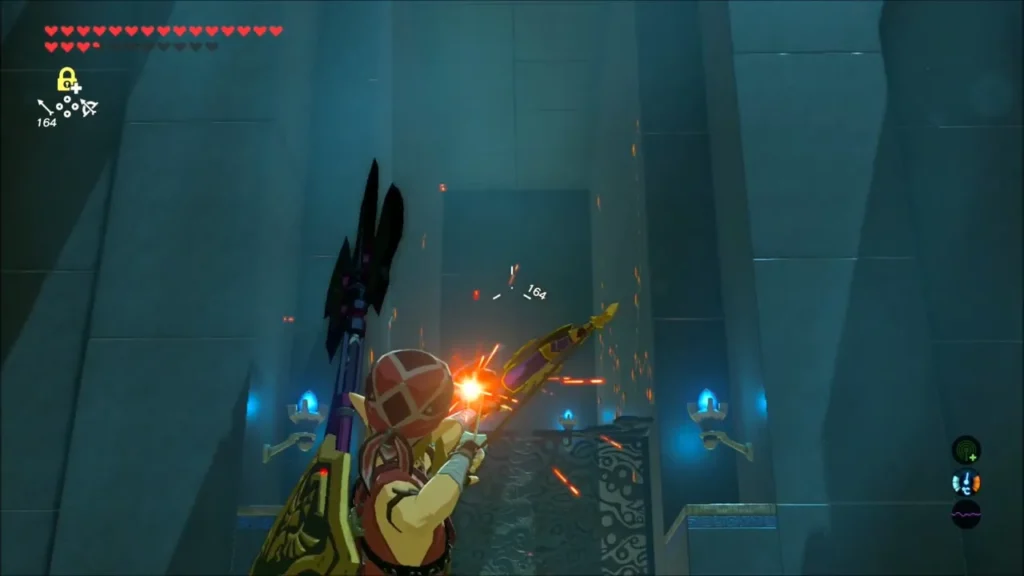 Link aiming a bomb arrow up at the launcher inside the shrine Link aiming a bomb arrow up at the launcher inside the shrine