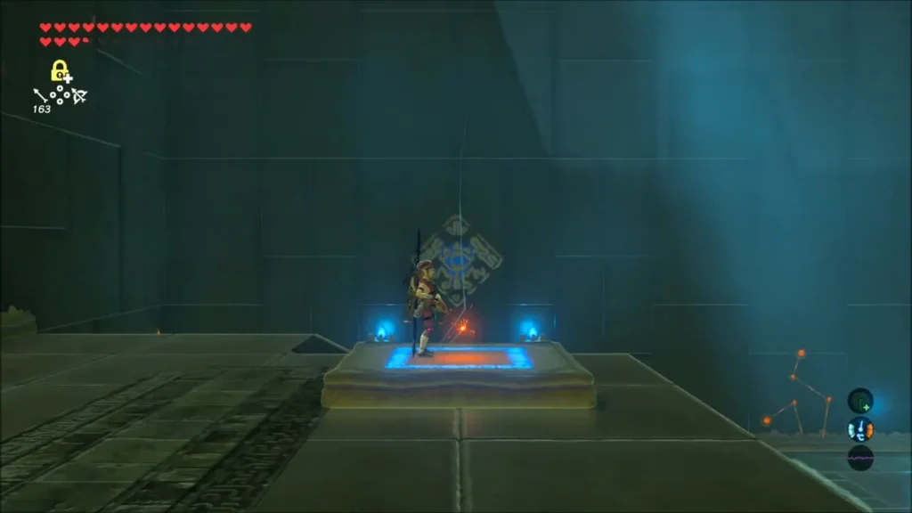Link standing on the launcher pad in Shae Loya Shrine Link standing on the launcher pad in Shae Loya Shrine