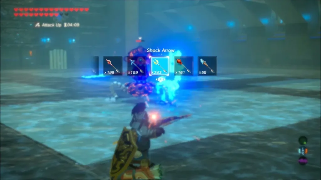 Link aiming with Shock Arrow selected at the Guardian Scout in the flooded arena Link aiming with Shock Arrow selected at the Guardian Scout in the flooded arena