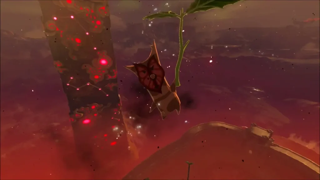A Korok hanging from its leaf at the top of the spire A Korok hanging from its leaf at the top of the spire